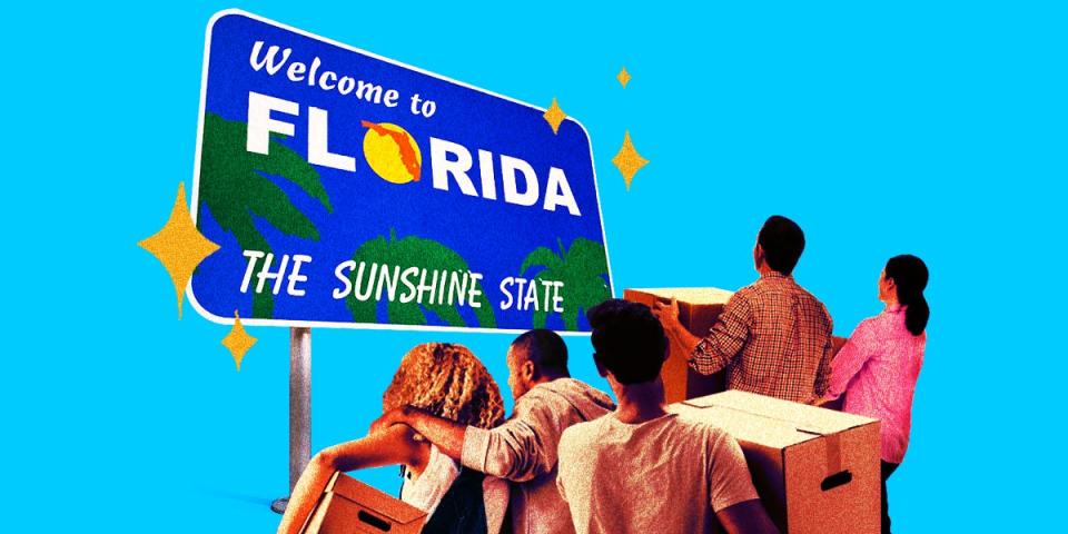 Collage featuring a Welcome to Florida The Sunshine State highway sign with rear view of people carrying moving boxes, and walking towards the sign