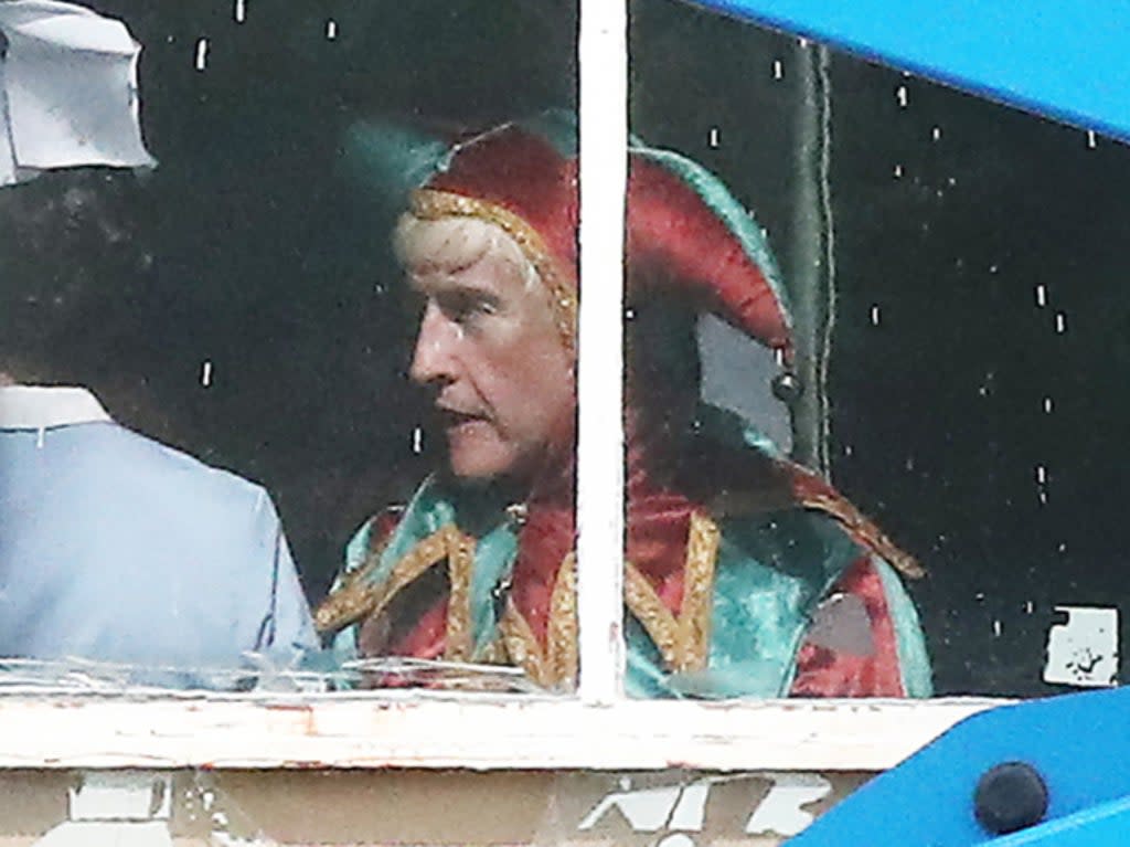 The 55-year-old was spotted dressed as a jester while wearing a blonde wig while filming for the series in Bolton, Manchester (Eamonn and James Clarke)