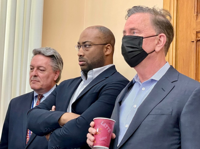Jeffrey Beckham, Secretary of the Office of Policy and Management; former Chief of Staff Paul Mounds; and Gov. Ned Lamont at the announcement of a budget deal on April 27, 2022. (Mark Pazniokas / CT Mirror)