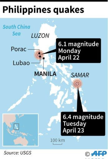 Map locating quakes in the Philippines on Monday and Tuesday