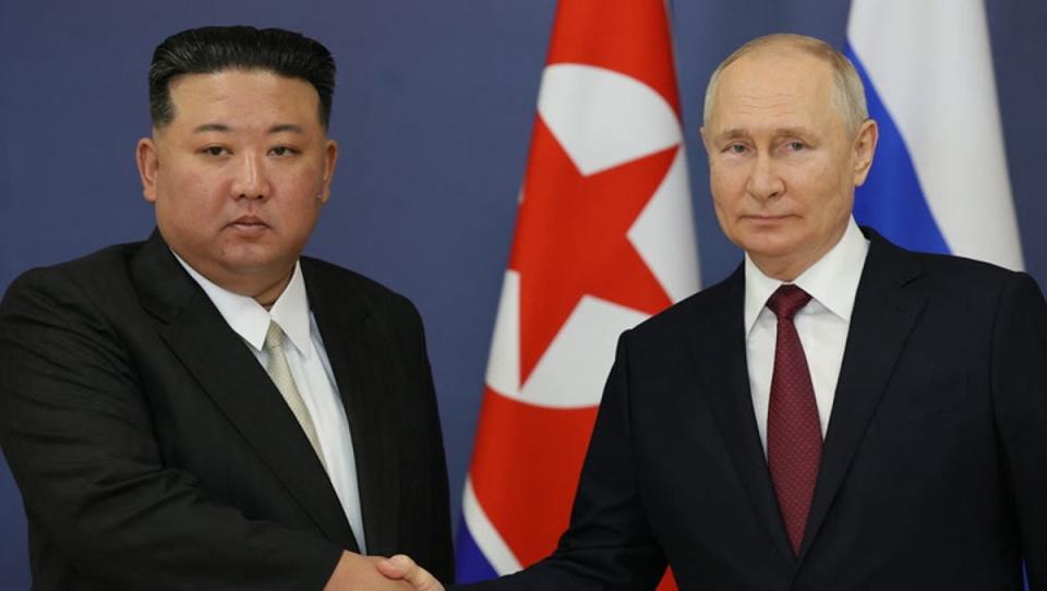 North Korea’s Kim Jong-un has allegeldy supplied thousands of artillery shells to Russia after meeting with Vladimir Putin late last year (AP)