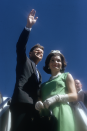 <p>Presidential hopeful Senator John F. Kennedy waves to a crowd alongside his wife Jackie at Logan Airport, Boston, Massachusetts, during a campaign tour in September 1960. </p>