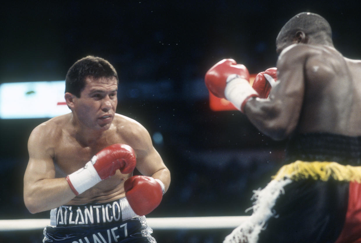 PARADISE, NV - MAY 8: Julio Cesar Chavez fights Terrence Alli for the WBC Welterweight Title on May 8, 1993 at the Thomas & Mack Center in Paradise, Navada. (Photo by Focus on Sport/Getty Images)