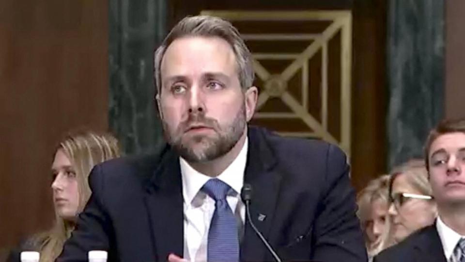 PHOTO: Alaska lawyer Joshua Kindred speaks during a judicial nomination hearing at the U.S. Senate Committee on the Judiciary in Washington, DC, Dec. 4, 2019 in a still image from video.  (U.S Senate Committee On The Judiciary/via Reuters)