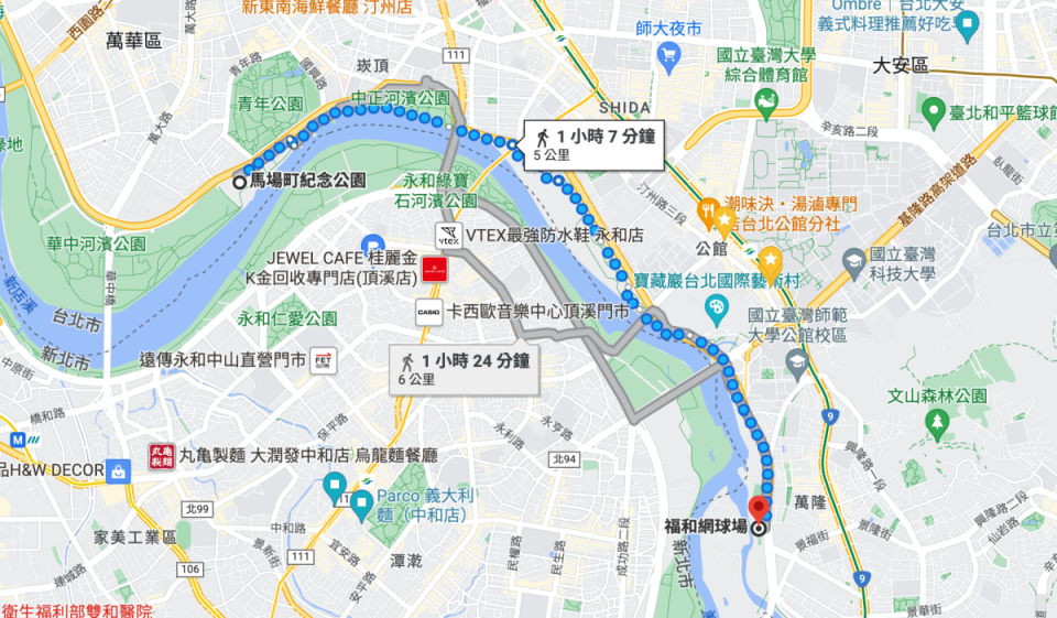 10K往中正橋方向跑，跑過中正河濱公園、途經古亭河濱公園、溪洲河濱公園，直到福和網球場約 5K 再折返。（圖/google map）