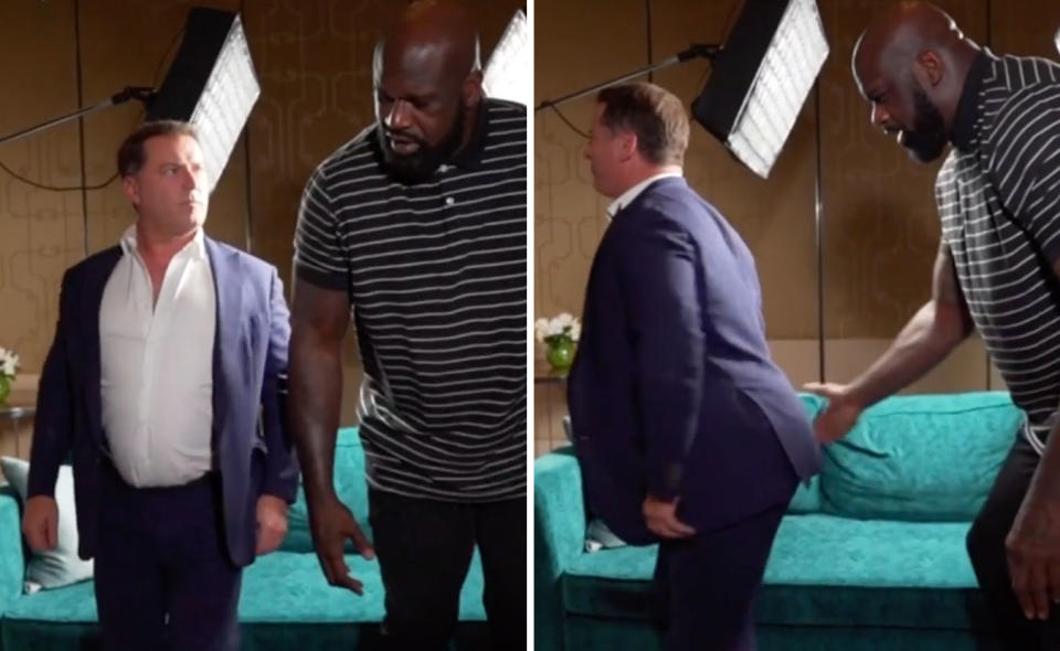 Two photos of Karl Stefanovic and Shaquille O'Neal dancing on the Today Show