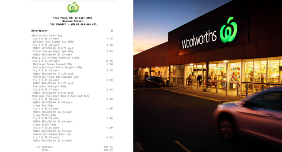 Amelia's Woolworths receipt (left) and Woolworths store front in the evening (right).