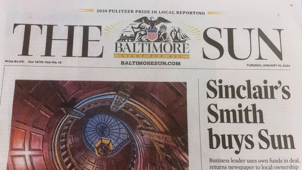 The Baltimore Sun front page is seen on Tuesday in Baltimore, Maryland. David D. Smith, executive chairman of the Sinclair broadcasting chain and an active contributor to conservative causes, has bought Baltimore Sun Media from the investment firm Alden Global Capital. (Photo: Lea Skene/AP)