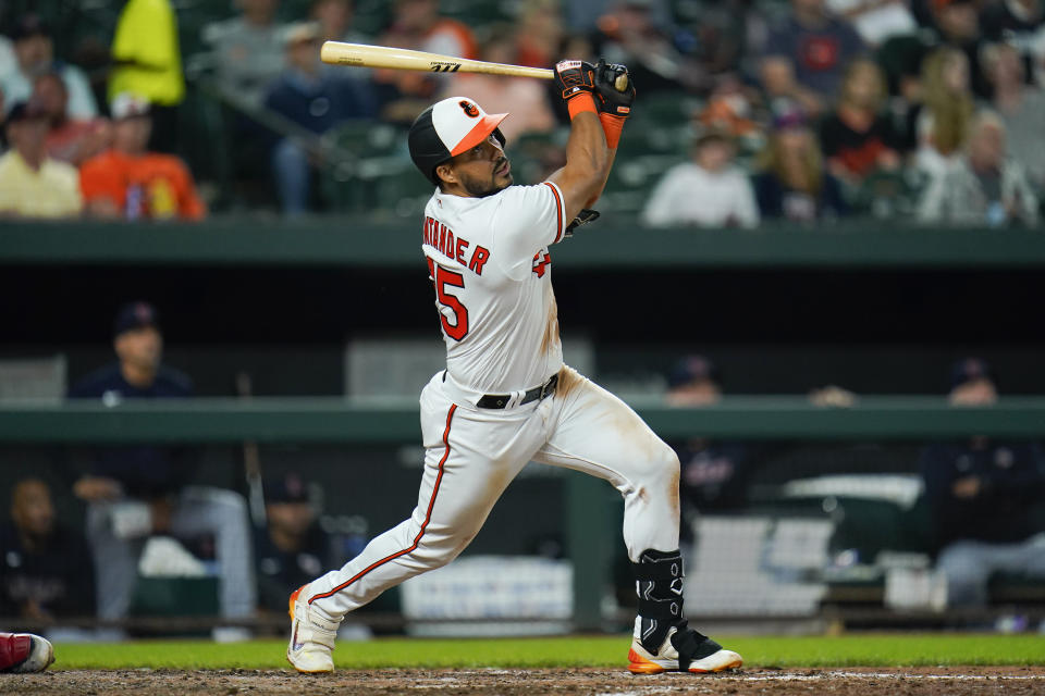 Baltimore Orioles' Anthony Santander doubles against the Cleveland Guardians during the seventh inning of a baseball game, Tuesday, May 30, 2023, in Baltimore. The Orioles won 8-5. (AP Photo/Julio Cortez)