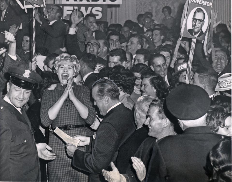 Democratic Party workers and supporters celebrate during election night 1960 at the Sheraton-Biltmore Hotel, now Graduate Providence.