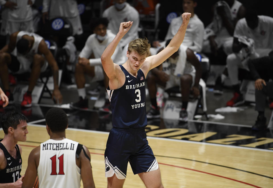 BYU forward Matt Haarms (3) celebrates after BYU defeated San Diego State in an NCAA college basketball game Friday, Dec. 18, 2020, in San Diego. (AP Photo/Denis Poroy)