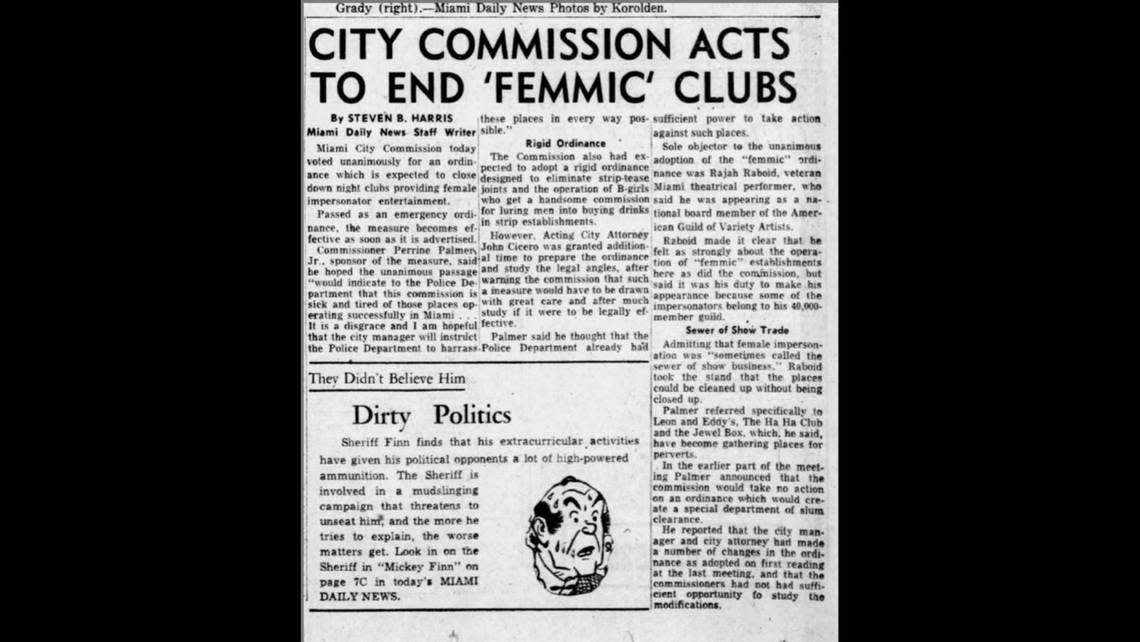 A newspaper article from the Miami Daily News about a city of Miami law banning female impersonation shows.