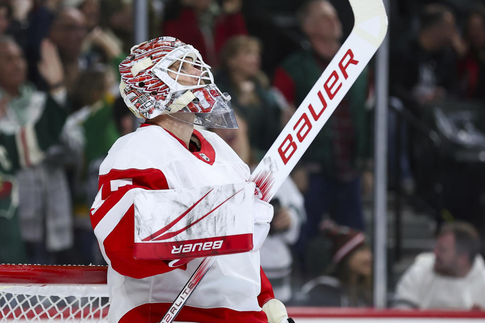 Detroit Red Wings goaltender James Reimer (47) looks up to the video board after Minnesota Wild left wing Marcus Johansson's goal during the second period of an NHL hockey game Wednesday, Dec. 27, 2023, in St. Paul, Minn. (AP Photo/Matt Krohn)