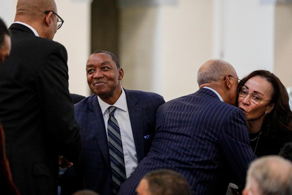 Former Pistons player Isiah Thomas and his wife Lynn Kendall Thomas greet friends during the Celebration of Life for Earl Cureton at St. Charles Lwanga Catholic Church in Detroit on Saturday, Feb. 10, 2024.