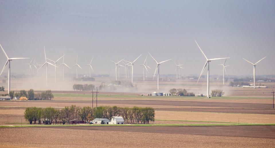 Wind turbines dot the landscape near Fort Dodge.