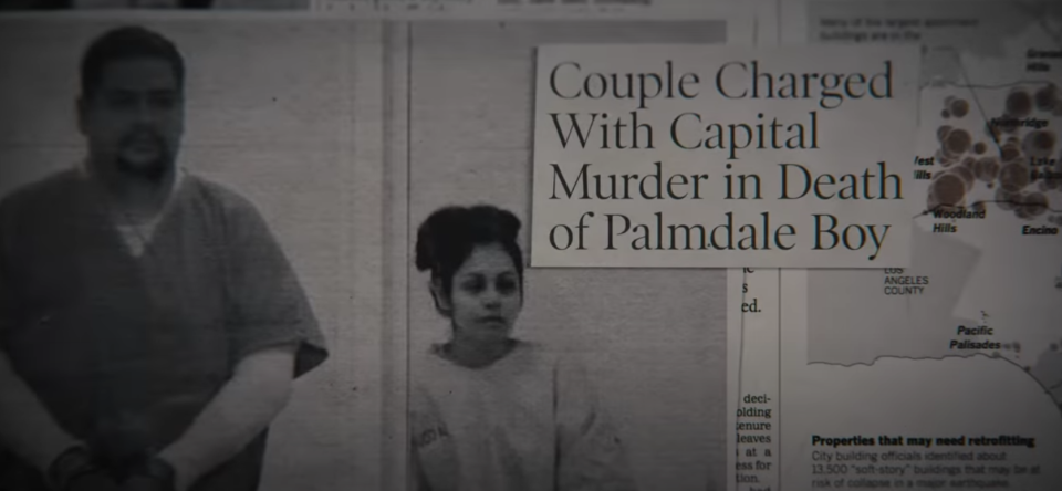 A newspaper reading "Couple charged with capital murder in death of Palmdale boy"