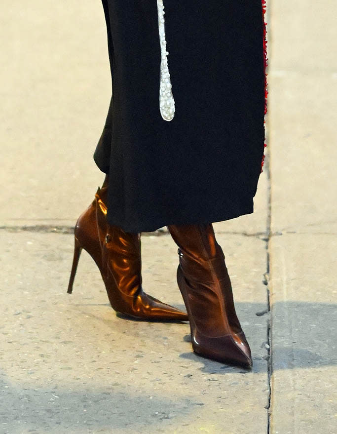 A closer look at Sandra Bullock&#x002019;s copper boots while in New York City on March 14, 2022. - Credit: Elder Ordonez / SplashNews.com