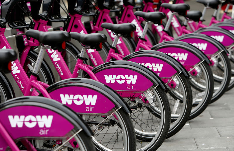 Bikes by a bike rental service of Icelandic airline WOW air are seen in Reykjavik, Iceland, August 5, 2017. REUTERS/Michaela Rehle