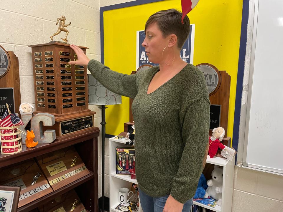 A Knoxville Interscholastic League Championship trophy takes up an entire corner of coach Chelsea Osborne’s trophy case. It lists all the champions from public and private schools.