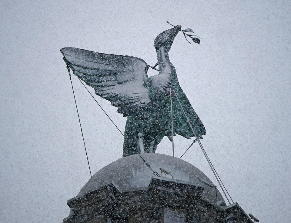 Snow falls around the Liver Bird statue at the top of the Liver Building in Liverpool. Picture date: Thursday March 9, 2023. (Photo by Peter Byrne/PA Images via Getty Images)