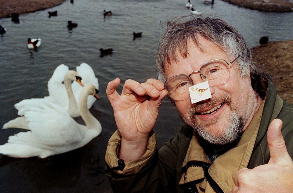 Bill Oddie at Slimbridge today (monday) to launch the Royal Mail's commemorative stamps which celebrate the 50th Anniversary of The Wildlife and Wetlands Trust (WWT). The stamps are due for issue on 12th March. Photo. (Photo by Barry Batchelor - PA Images/PA Images via Getty Images)