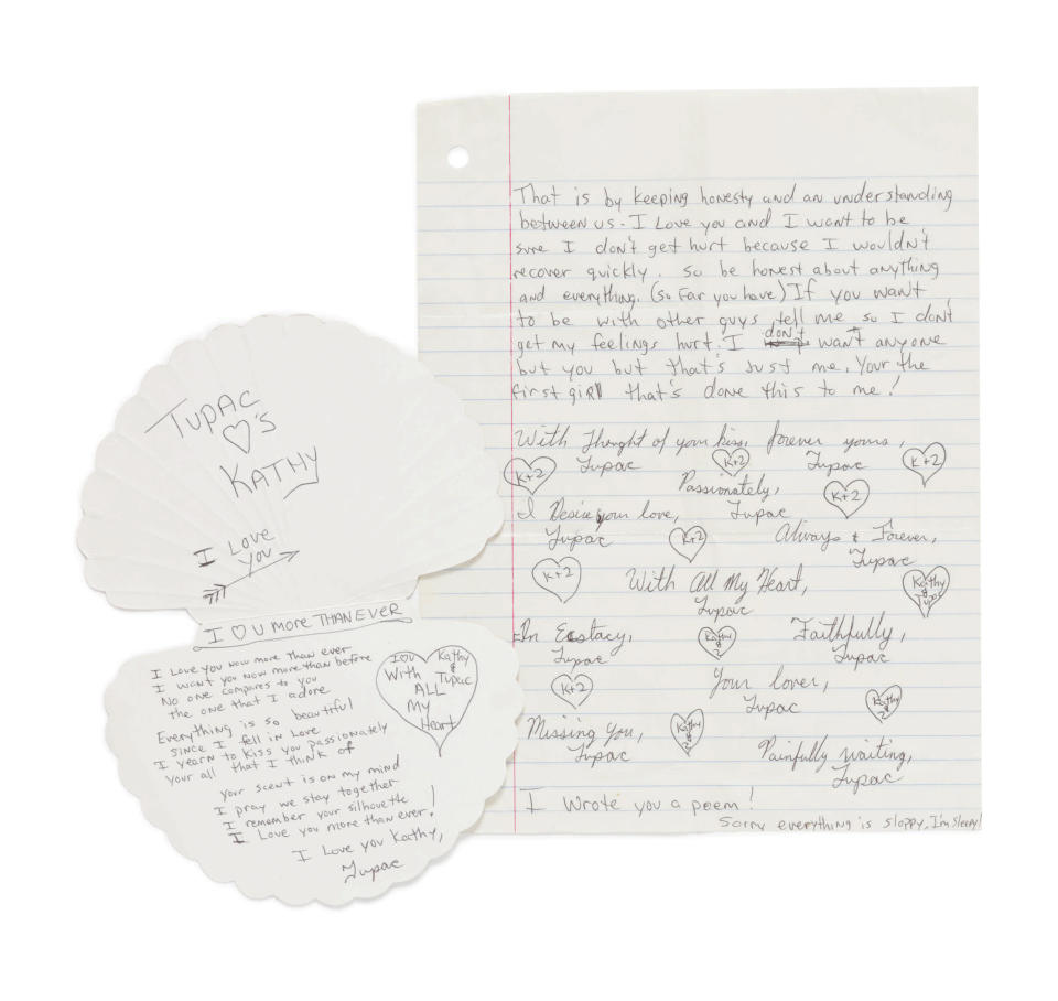 Letters written by rapper Tupac Shakur in high school are pictured in this handout photo supplied by Sotheby's, ahead of a September 15 auction dedicated entirely to hip-hop culture in New York.  / Credit: Sotheby's