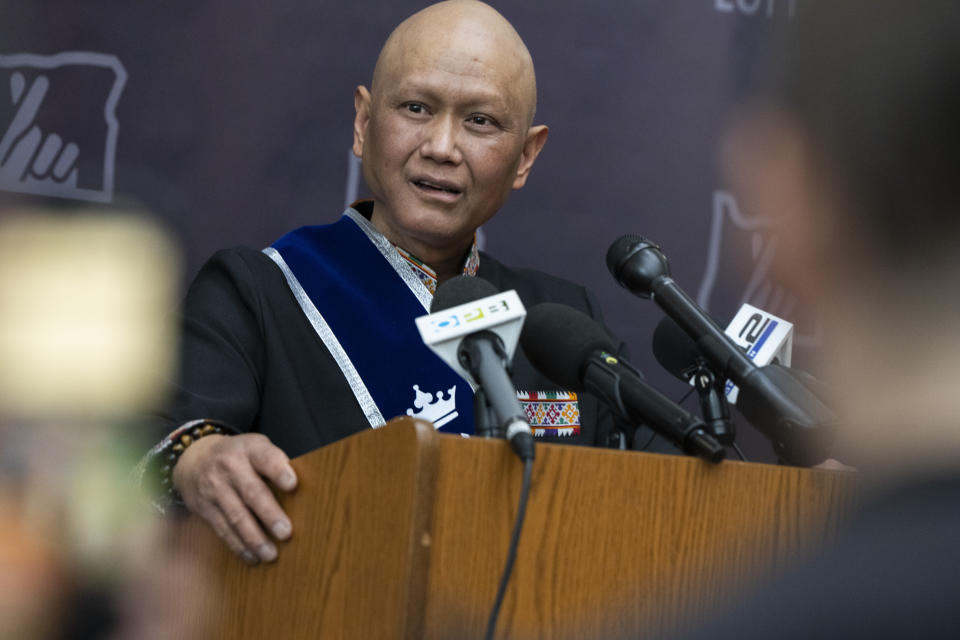Cheng "Charlie" Saephan speaks during a press conference after it was revealed that he was one of the winners of the $1.3 billion Powerball jackpot at the Oregon Lottery headquarters on Monday, April 29, 2024, in Salem, Ore. (AP Photo/Jenny Kane)