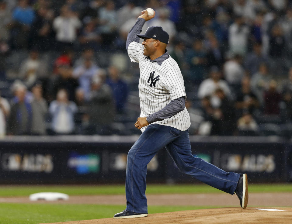 Mariano Rivera throws out the ceremonial first pitch in New York before Game 4 of the ALDS on Oct. 9, 2017. (AP)