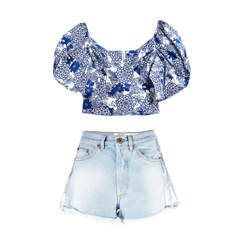 Bubble-Sleeve Crop Top + Bleached Shorts