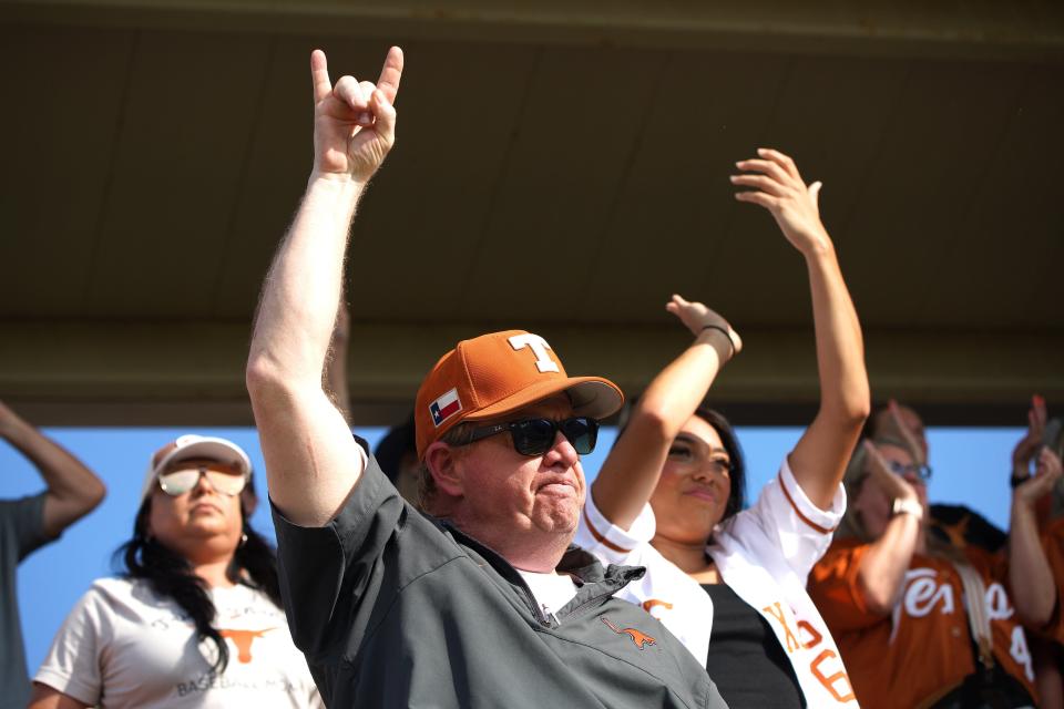 LJ Anderson, of Canyon Lake, celebrates a Texas Longhorns home run against the Louisiana Ragin Cajuns during the first round in the NCAA baseball College Station Regional May 31, 2024, at Olsen Field in College Station.