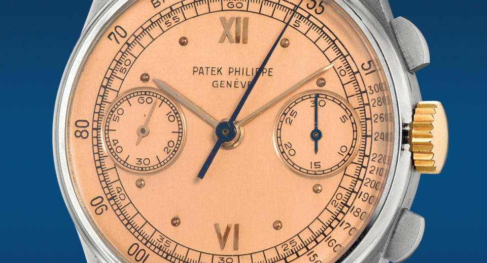 Patek Philippe Reference 130 from 1941 in a stainless steel case exemplifies an authentic gilded dial produced in the tradional manner of electroplating 3N gold to a metal dial.