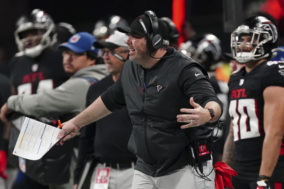 Atlanta Falcons head coach Arthur Smith watches play against the New Orleans Saints during the first half of an NFL football game, Sunday, Jan. 9, 2022, in Atlanta. (AP Photo/John Bazemore)