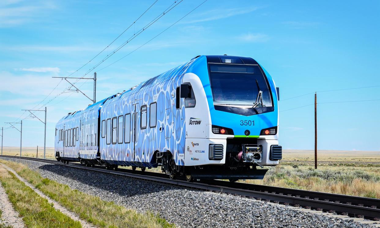 <span>California's new Zero-Emissions Multiple Unit, known as Zemu, uses a hybrid hydrogen fuel cell and battery system/</span><span>Photograph: Courtesy of Stadler Inc</span>