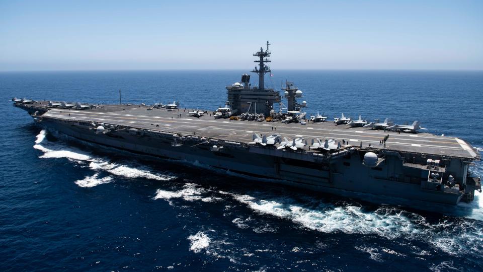 The aircraft carrier USS Theodore Roosevelt (CVN 71) transits the Pacific Ocean.