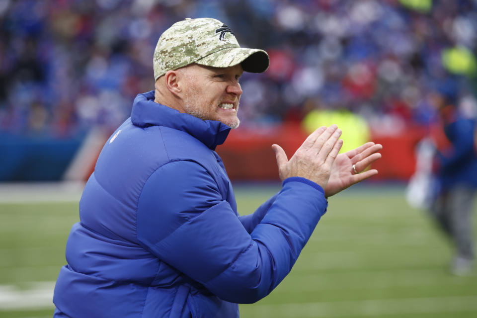 Buffalo Bills head coach Sean McDermott applauds from the bench in the second half of an NFL football game against the Minnesota Vikings, Sunday, Nov. 13, 2022, in Orchard Park, N.Y. (AP Photo/Jeffrey T. Barnes)