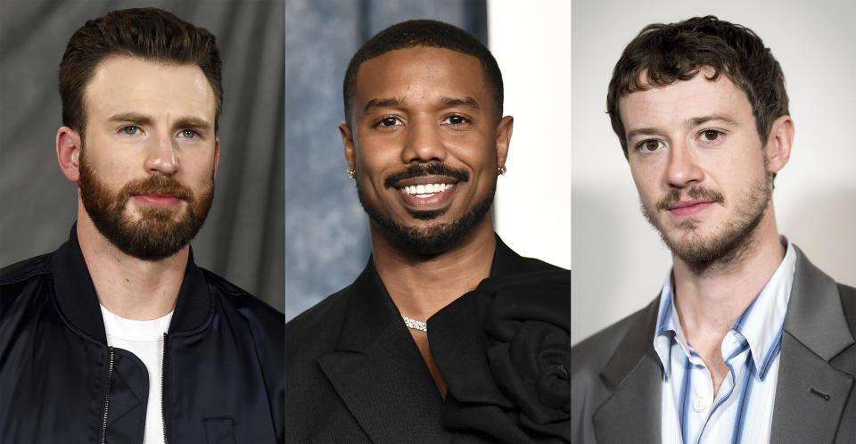 This combination of photos shows Chris Evans, left, Michael B. Jordan, center, and Joseph Quinn. (AP Photo)