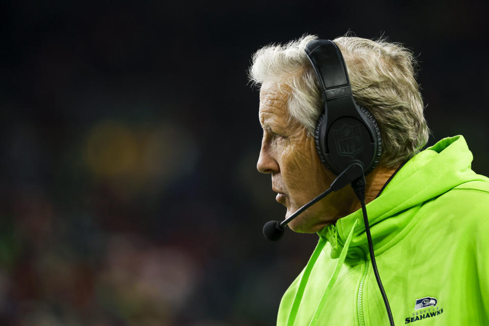 Nov 23, 2023; Seattle, Washington, USA; Seattle Seahawks head coach Pete Carroll stands on the sideline during the fourth quarter against the <a class="link " href="https://sports.yahoo.com/nfl/teams/san-francisco/" data-i13n="sec:content-canvas;subsec:anchor_text;elm:context_link" data-ylk="slk:San Francisco 49ers;sec:content-canvas;subsec:anchor_text;elm:context_link;itc:0">San Francisco 49ers</a> at Lumen Field. Mandatory Credit: Joe Nicholson-USA TODAY Sports