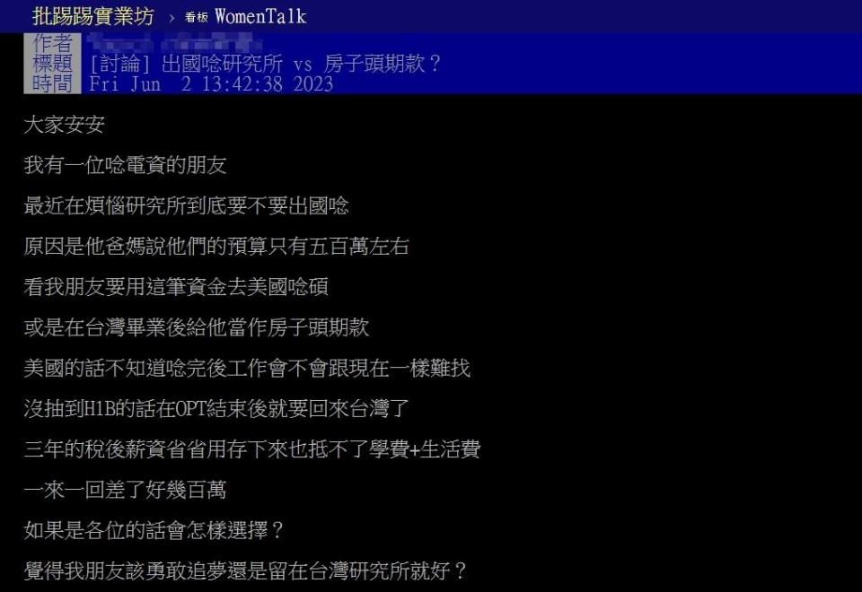 原PO好友擔心在美國讀完研究所後，很難找到適合的工作，到時候一樣要回來台灣。（圖／翻攝自PTT）
