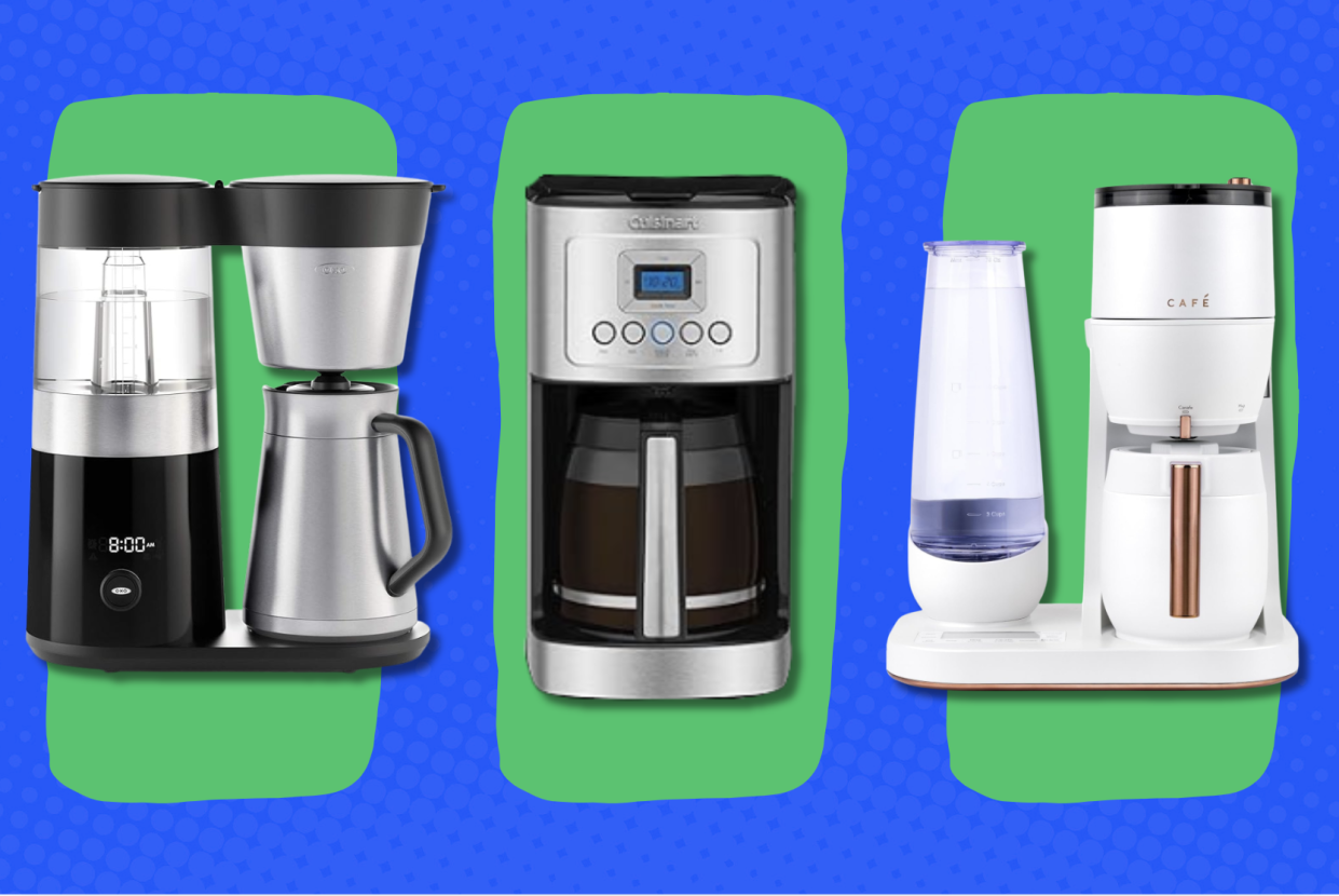 From left: the Oxo Brew 9 cup coffee maker, the Cuisinart 14 cup coffee maker and the GE Cafe Specialty Gind and Brew against a blue and green background