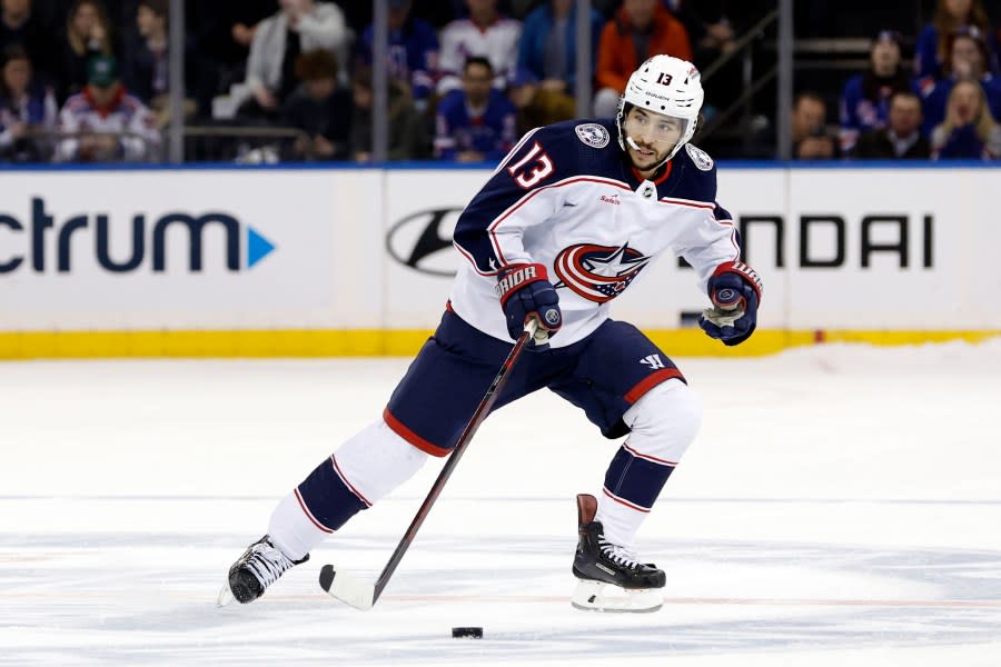 NEW YORK, NEW YORK – NOVEMBER 12: Johnny Gaudreau #13 of the Columbus Blue Jackets controls the puck during a shootout against the New York Rangers at Madison Square Garden on November 12, 2023 in New York City. The New York Rangers won 4-3 in a shootout. (Photo by Sarah Stier/Getty Images)