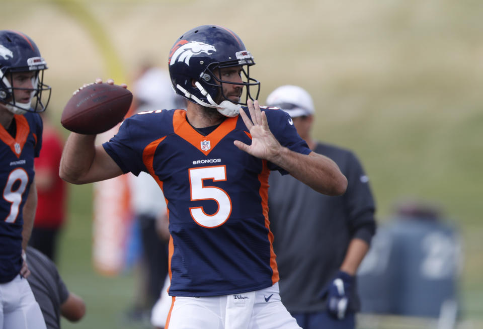 Denver Broncos quarterback Joe Flacco throws a pass during a combined NFL football training camp with the San Francisco 49ers at the Broncos' headquarters Friday, Aug. 16, 2019, in Englewood, Colo. (AP Photo/David Zalubowski)