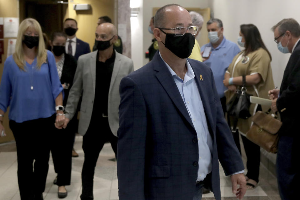 Fred Guttenberg, the father of slain student Jaime Guttenberg leaves the courtroom at the Broward County Courthouse in Fort Lauderdale, Fla., Wednesday, Oct. 20, 2021, after Marjory Stoneman Douglas High School shooter Nikolas Cruz pleaded guilty to murder in the 2018 massacre that left 17 dead at a Parkland, Fla., high school. Guttenberg is joining the top ranks of a progressive anti-gun group to promote like-minded political candidates around the country ahead of next year’s midterm elections. He will be a senior adviser to Brady PAC. (Mike Stocker/South Florida Sun Sentinel via AP, Pool