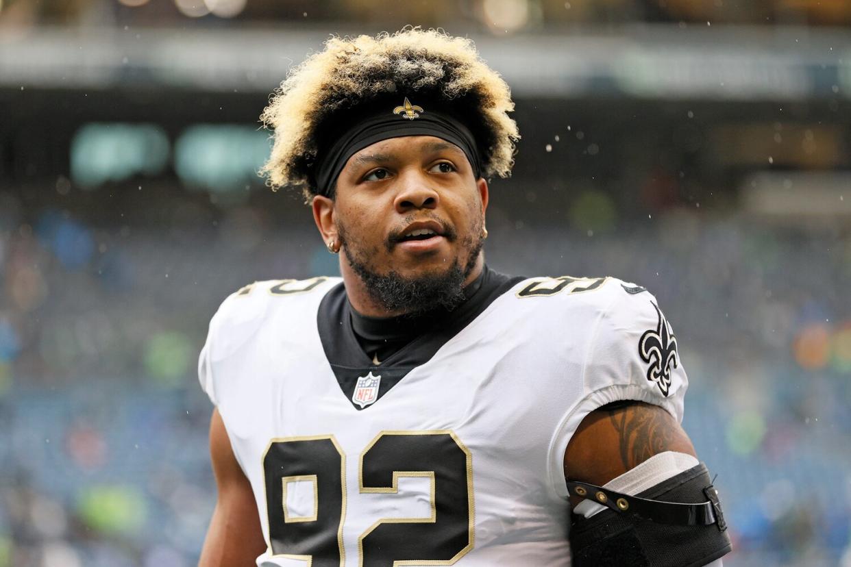 Marcus Davenport #92 of the New Orleans Saints looks on before the game against the Seattle Seahawks at Lumen Field on October 25, 2021 in Seattle, Washington.