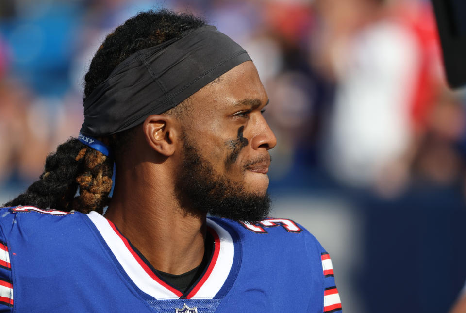 ORCHARD PARK, NY - AUGUST 13: Damar Hamlin #31 of the Buffalo Bills on the sideline during a preseason game against the Indianapolis Colts at Highmark Stadium on August 13, 2022 in Orchard Park, New York. (Photo by Timothy T Ludwig/Getty Images)