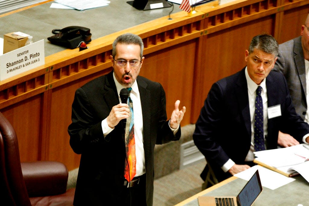 Democratic New Mexico state Sen. Antonio Maestas of Albuquerque speaks in support of a gun control initiative on the floor of the state Senate in Santa Fe, N.M., on Friday, March 3, 2023. The Senate endorsed the bill, on a 24-16 vote, that would make it a crime to store firearms in places where children could get access. House approval of recent amendments would send the bill to supportive Gov. Michelle Lujan Grisham.