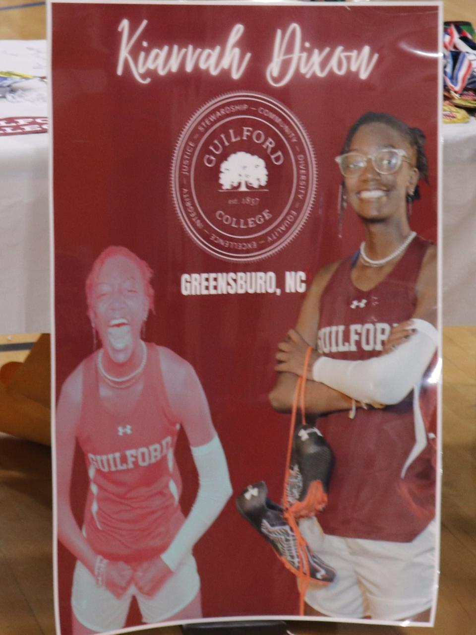 Poster of track and field athlete Kiarrah Dixon at Bear Creek Signing Day after committing to Guilford College on May 20 in Stockton.