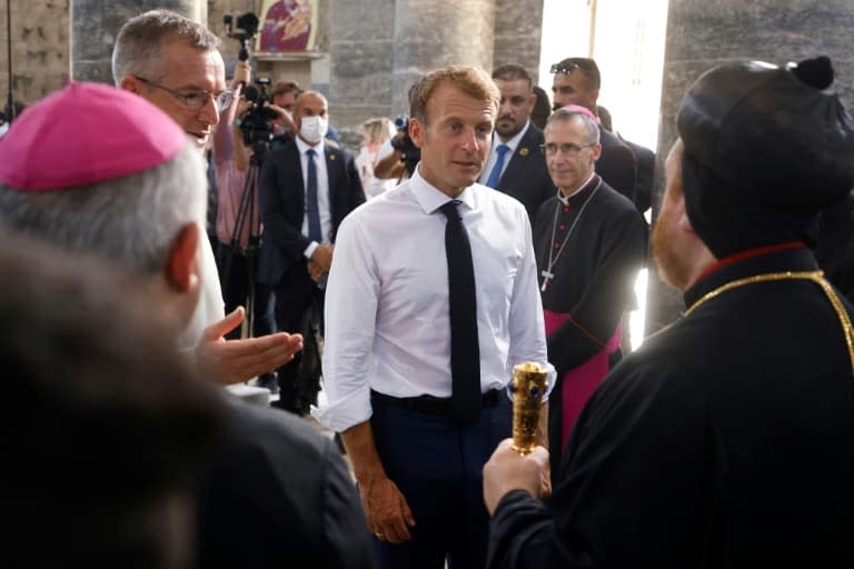 Le président français Emmanuel Macron dans une égalise de Mossoul, en Irak, le 29 août 2021 - Ludovic MARIN © 2019 AFP