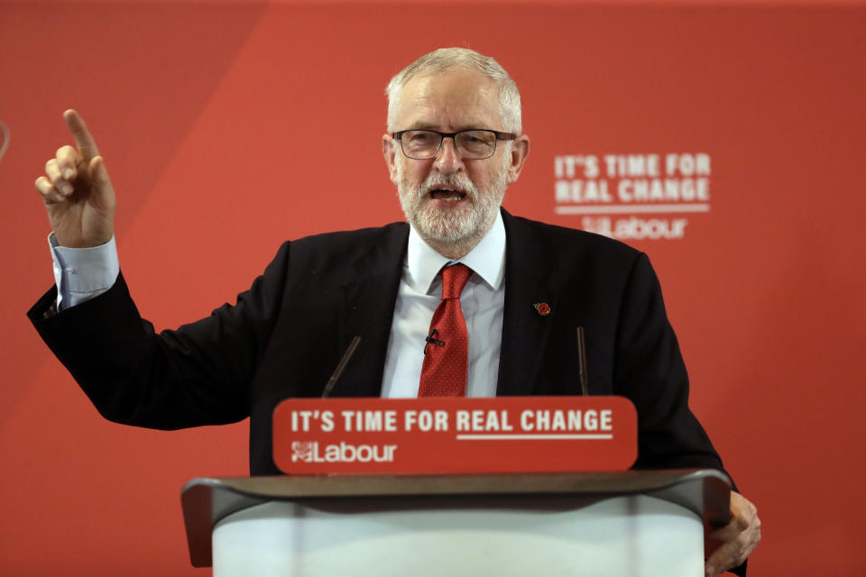 Britain's opposition Labour party leader Jeremy Corbyn delivers a speech during their election campaign event on Brexit in Harlow, England, Tuesday, Nov. 5, 2019. Britain goes to the polls on Dec. 12. (AP Photo/Matt Dunham)