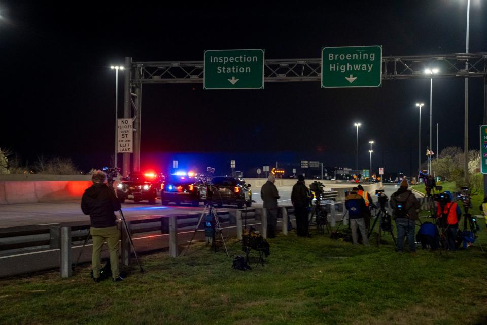 Police close the stretch of I-695 on the north end of the Key Bridge.The Francis Scott Key Bridge, a major span over the Patapsco River in Baltimore, collapsed after it was struck by a Singapore-flagged container ship 'Dali'. The cargo ship collided with a pillar of the bridge, prompting a massive emergency response for multiple people in the water. The Baltimore City Fire Department described the collapse as a mass-casualty incident.