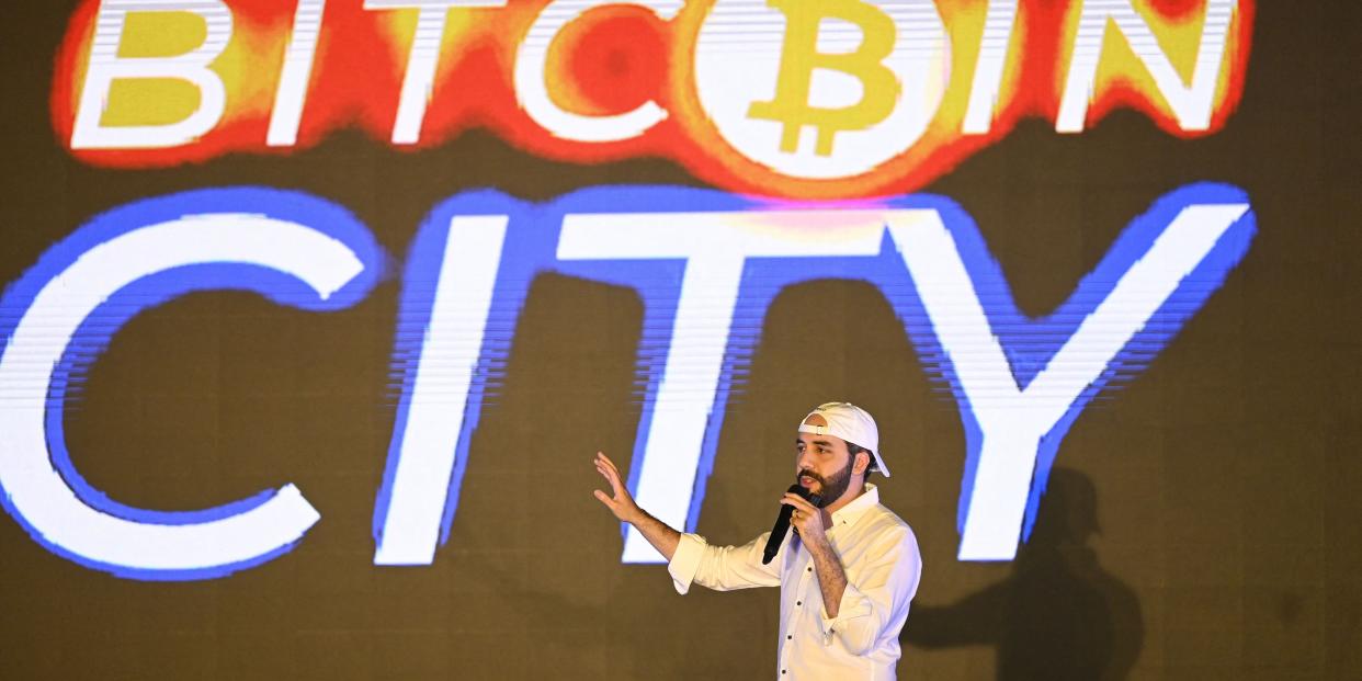 President of El Salvador, Nayib Bukele, gestures during his speech at the closing ceremony of the Latin Bitcoin conference (LaBitConf) at Mizata Beach, El Salvador, on November 20, 2021.